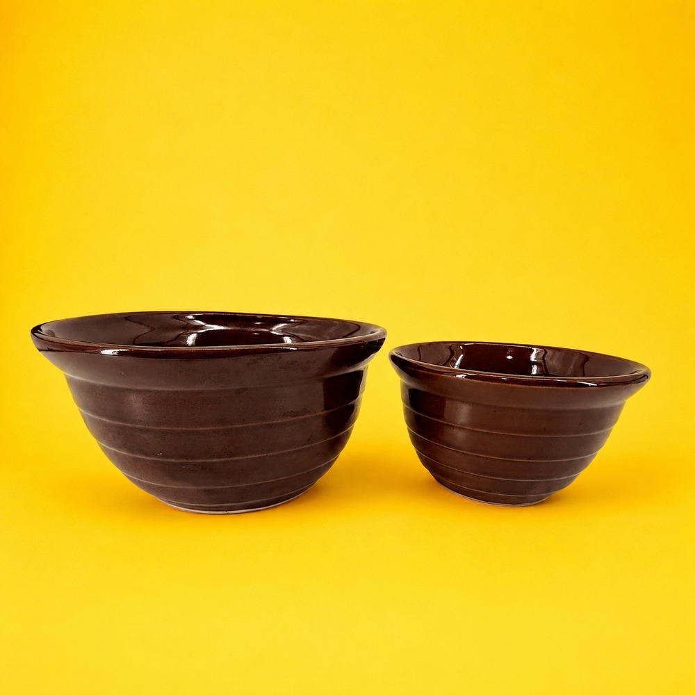 Monmouth Pottery Beehive Mixing Bowls Stoneware Set 2 USA Maple Leaf Brown